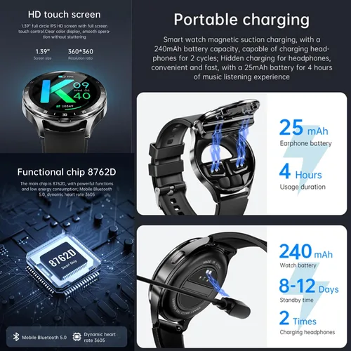 Miniatura 7 de Tuanzi X10 2 en 1 Smart Watch con auriculares 1.39 pulgadas Smartwatch TWS Bluetooth Auricular Monitor de salud Sport Watch Fitness Tracker