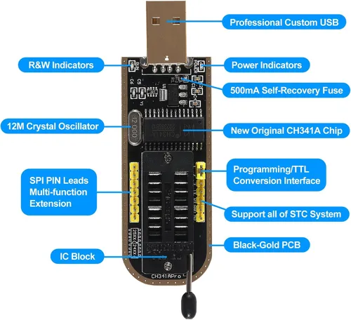 Miniatura 6 de AiTrip Programador USB EEPROM BIOS CH341A + Pinza SOIC8 + Adaptador 1.8V + Adaptador SOIC8 para Flash Serie 24 25