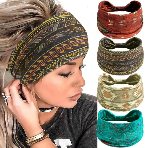 Miniatura 8 de Paquete de 4 diademas anchas para mujer, color negro, elegante, elástica, anudada, turbante de humedad, para entrenamiento, bandas para el sudor