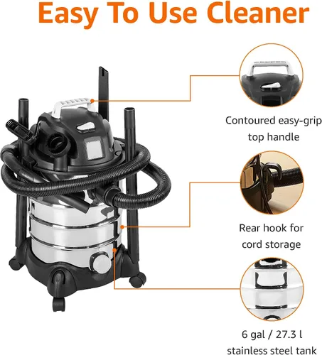 Miniatura 3 de Amazon Basics Aspiradora Húmeda/Seca, 4 galones, 3 HP, Acero Inoxidable, Gris/Negro
