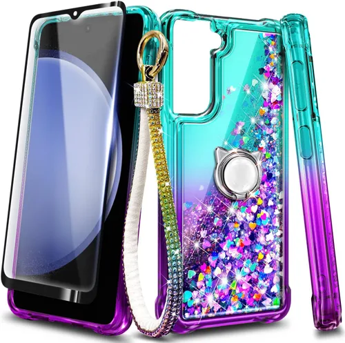 Miniatura 7 de Funda compatible con Samsung Galaxy S24-FE Aqua/Purple Funda líquida flotante con purpurina linda con protector de pantalla de vidrio templado