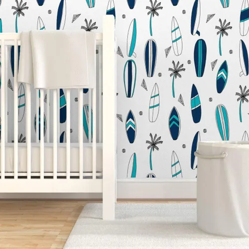 Miniatura 6 de Spoonflower Papel tapiz para despegar y pegar - Tabla de surf Tropical Verano Azul marino Blanco Playa Azul Papel pintado extraíble personalizado