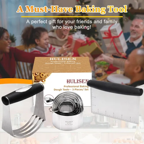 Miniatura 2 de HULISEN Juego de cortador de galletas de acero inoxidable, raspador de pastelería y licuadora de masa, resistente y duradero con agarre de goma