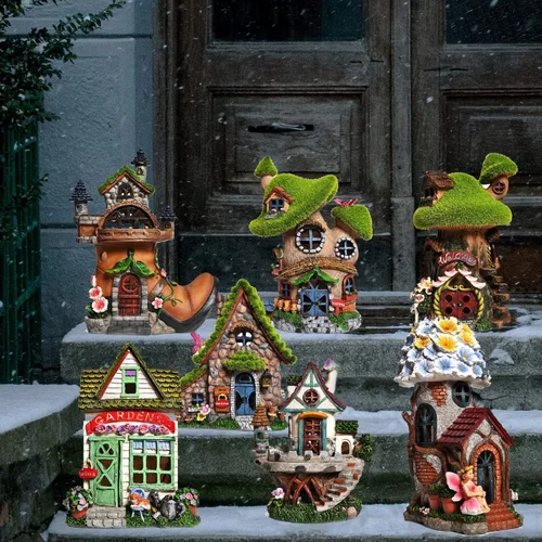 Miniatura 7 de Estatuas de casa de hadas de resina ASAWASA con luces solares, esculturas de jardín divertidas con decoración flocada y adoquinada, exquisitas
