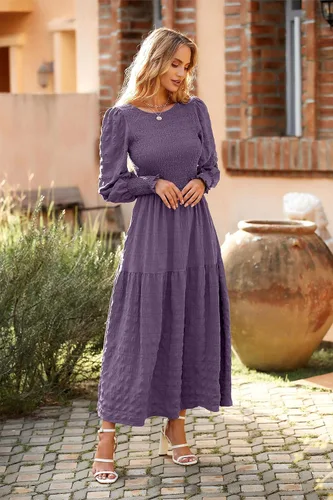 Miniatura 5 de PRETTYGARDEN Women 2024 Puff Long Sleeve Crewneck Smocked Maxi Dress Solid Empire Waist Tiered A-line Swing Flowy Long Dress