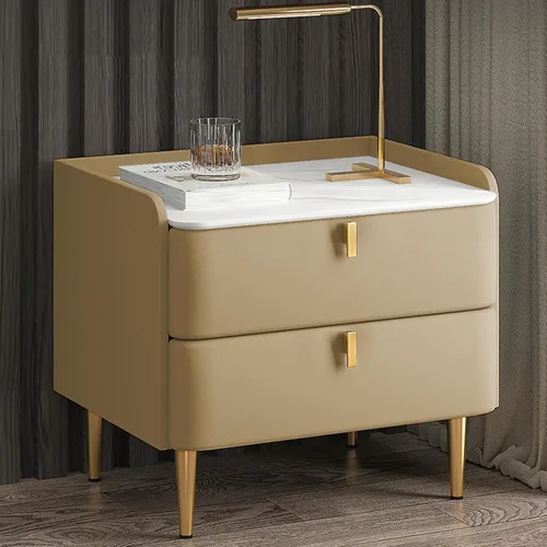 Miniatura 15 de WOLWES Mesita de noche, mesa auxiliar con almacenamiento, mesita de noche de madera maciza con 2 cajones, parte superior de mármol sintético