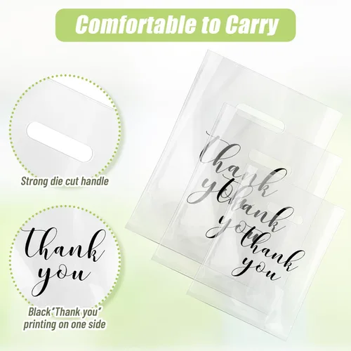 Miniatura 3 de Yeaqee 200 Piezas Bolsas Transparentes de Mercancía de Agradecimiento con Asas Troqueladas Bolsas de Compras de Plástico Reutilizables para Venta al
