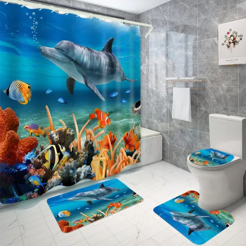 Miniatura 2 de LYFANS Juego de baño con alfombra antideslizante para inodoro, juego de cortina de ducha impermeable para bañera familiar, juego de 4 piezas