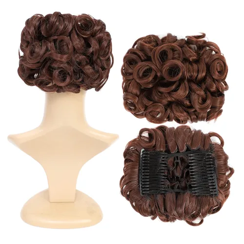 Miniatura 7 de SWACC Extensión de moño corto rizado desordenado, fácil de estirar, peines para el cabello, extensión de cola de caballo con clip, coletero, Marrón
