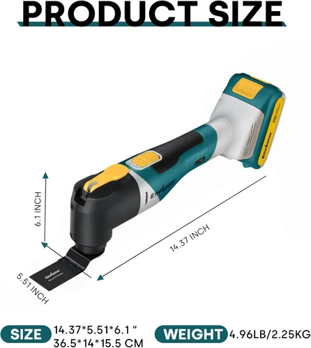 Miniatura 8 de Enventor Multiherramienta oscilante inalámbrica de 20 V, sierra oscilante sin escobillas con 28 accesorios, cargador rápido, 6 velocidades Amarillo