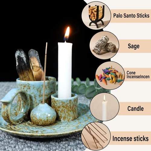 Miniatura 7 de MOUGIGI Quemador/Soporte de Palo Santo de Cerámica 5 en 1 Azul - Pequeño Portavelas y Bandeja/Cuenco para Quemar Sahumerios, Compatible con Plato
