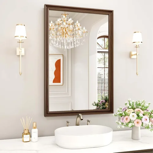Miniatura 18 de WEER - Espejo de baño dorado, espejo de 40x32 pulgadas con marco de metal dorado cepillado, espejo de tocador de baño de oro para pared