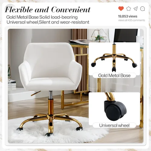 Miniatura 6 de Silla de escritorio de pelo sintético giratoria 360°, silla de oficina ajustable en altura con base dorada para adolescentes, mujeres y niñas, silla