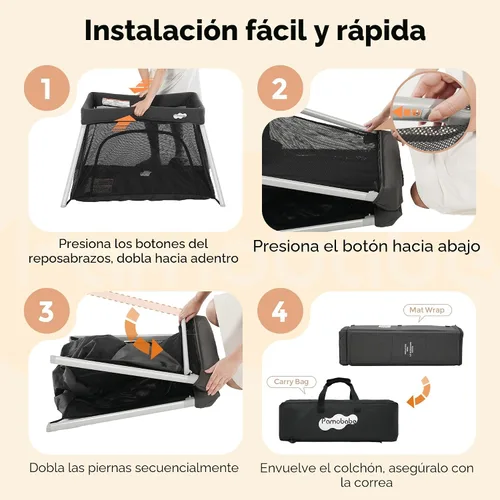 Miniatura 6 de Pamo Babe Paquete de viaje y juego, cuna de viaje segura para bebés, corralito portátil extragrande con colchón y puerta con cremallera, cuna Gris
