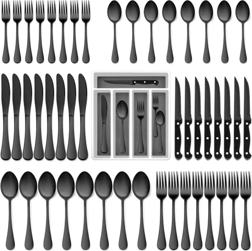 Miniatura 9 de E-far Juego de cubiertos negros de 24 piezas con cuchillos para carne, cubiertos de acero inoxidable para 4, modernos juegos de utensilios de metal
