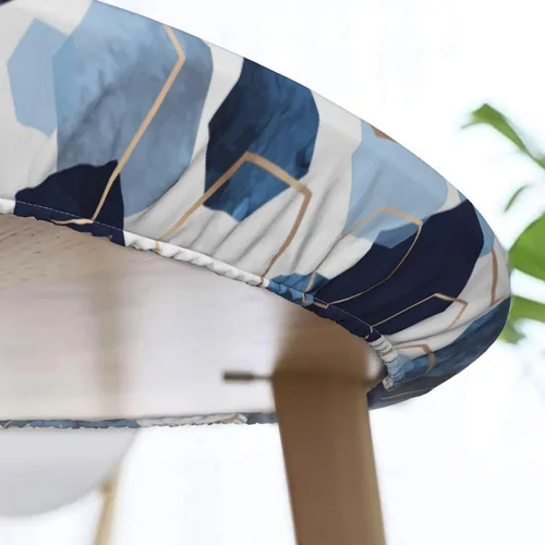Miniatura 5 de Mantel redondo geométrico azul y blanco con bordes elásticos para mesas de hasta 45 a 50 pulgadas de diámetro