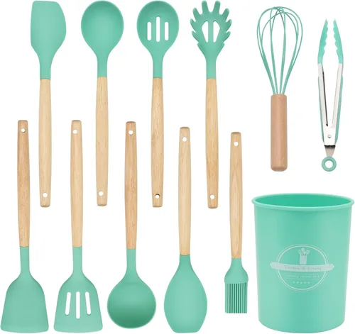 Juego de utensilios de cocina de silicona de 12 piezas con mango de madera, utensilios de cocina antiadherentes y resistentes al calor (446 °F),
