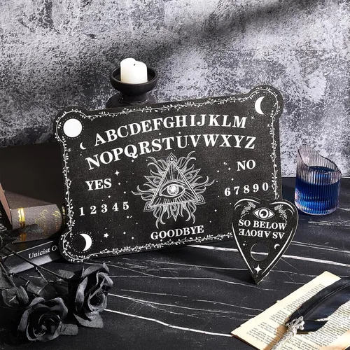 Miniatura 7 de Juego de tablero de adivinación de péndulo de radiestesia, tablero de hablar de madera negra con accesorios de planchette para fiestas de cumpleaños
