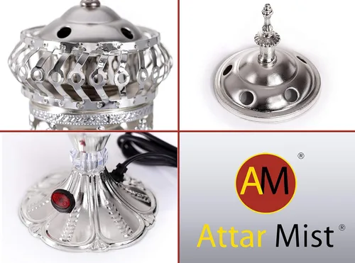 Miniatura 7 de ATTAR MIST Quemador de incienso eléctrico - Quemador de resina de incienso Oud - Carrusel intrincado grande Mabkhara Silver Plata