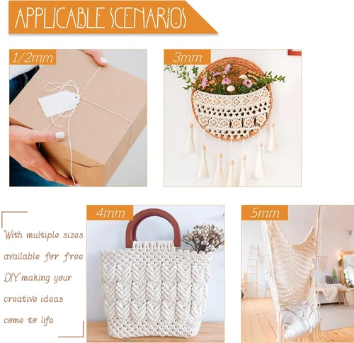Miniatura 6 de Cuerda de macramé de una sola hebra de 0.197 in x 110 yardas, cuerda de macramé de algodón natural de 0.197 in, cuerda de algodón grueso para colgar