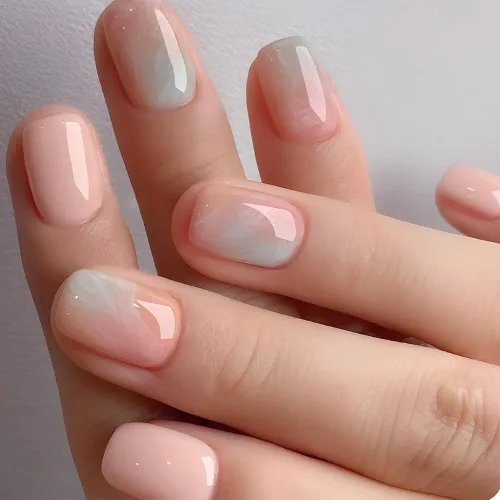 24 uñas cortas cuadradas a presión con diseños de mármol, color azul brillante y rosa, uñas postizas cortas de mármol, uñas postizas degradadas,