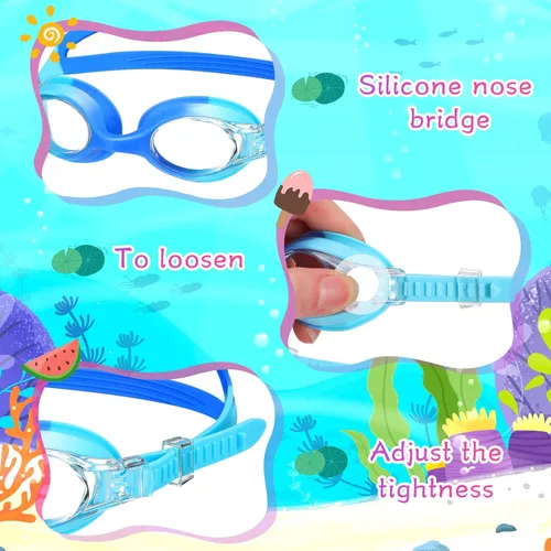 Miniatura 3 de Macarrie 6 gafas de natación para niños, sin fugas, antiniebla, para niños y niñas, con clip para la nariz, tapones para los oídos, de 3 a 14 años