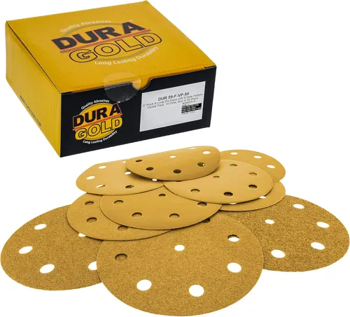 Miniatura 12 de Dura-Gold Discos de lijado dorados de 5 pulgadas de alta calidad, grano 320 (caja de 50), papel de lija de 9 agujeros sin polvo con gancho y bucle