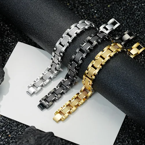 Miniatura 3 de Hombres Pulsera de acero inoxidable hombres pulsera negra Enlace diamante plata pulsera partículas azules joyería hombres cadena cajas de regalo