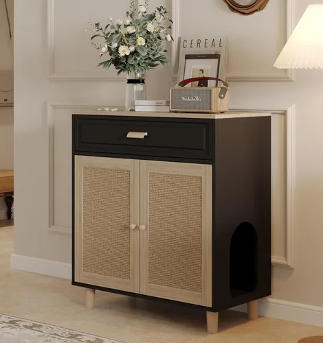 Mueble Gabinete para Caja de Arena de Gatos Oculta Interior 2 en 1 Casa de Madera para Gatos y Gabinete de Baño con Puertas de Tabla Rascadora y