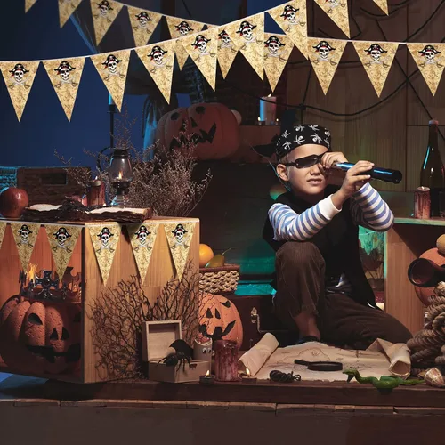 Miniatura 5 de Funrous Decoraciones de fiesta pirata de 49 pies con diseño de calavera y bandera pirata Jolly Roger, decoraciones de cumpleaños, banderines