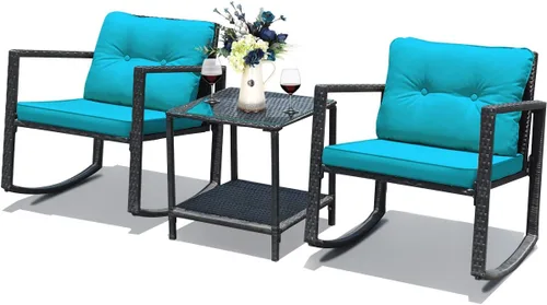 Miniatura 12 de DORTALA Juego de muebles de patio de 3 piezas, mecedora de ratán y mesa de centro de cristal con cojines, juego de 3 muebles de mimbre para Negro