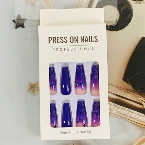 Miniatura 6 de Uñas postizas de bailarina moradas de larga duración, 24 uñas postizas reutilizables de cobertura completa con pestañas adhesivas, uñas postizas
