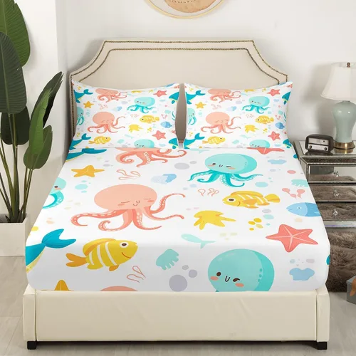 Miniatura 3 de Erosebridal Juego de sábanas bajeras de pulpo oceánico, tamaño individual, juego de ropa de cama temática de playa costera, decoración náutica