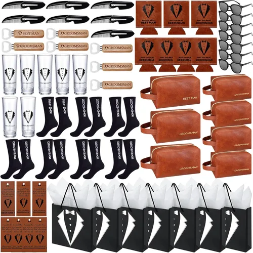 Miniatura 11 de 60 piezas de regalos para padrinos de boda, caja de propuesta para padrinos de boda con vasos de chupito, calcetines, gafas de sol, bolsa de aseo