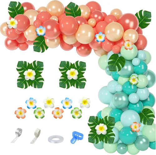 Ouddy Party Kit de arco de guirnalda de globos tropicales, globos de 12 pulgadas, 10 pulgadas, 5 pulgadas, color oro rosa, azul rubor, hojas de