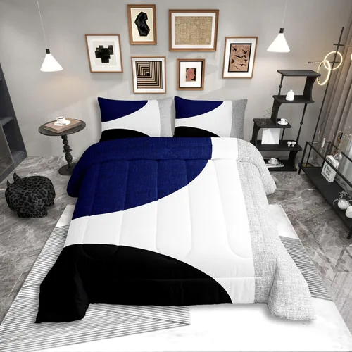 Miniatura 9 de Erosebridal Edredón Cuadrado para Niños y Niñas, Juego de Ropa de Cama Negro y Gris Blanco Azul Marino, Juego de Edredón Geométrico Completo