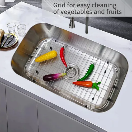 Miniatura 7 de Rejilla para fregadero de cocina 26-1/8"x14-1/4" - Protector de fregadero de cocina resistente con colador integrado y drenaje central, pies de goma
