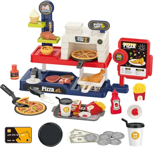 Juego de horno de pizza para niños: máquina de helados, lector de tarjetas, caja registradora, comida de juego (piña, nuggets de pollo, papas