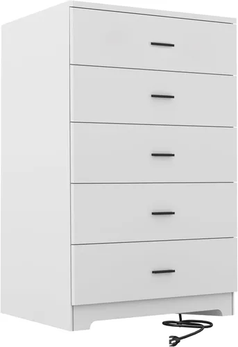 Miniatura 14 de GEPELCN Cómoda para dormitorio con tomas de corriente, cómoda de madera con 5 cajones con gran espacio de almacenamiento, cómoda negra con riel