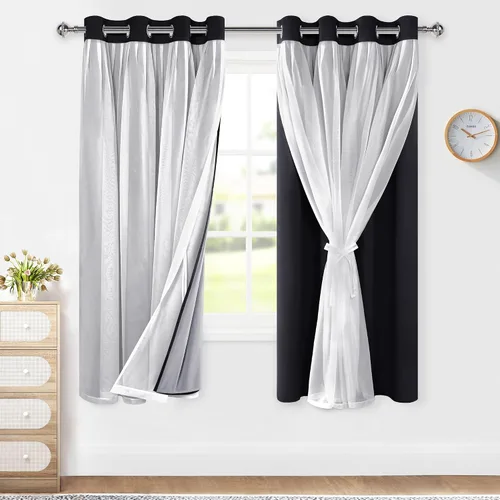 Miniatura 9 de XWZO Cortinas 100% opacas de doble capa para guardería, cortinas opacas con superposición transparente para dormitorio de niñas, cortinas