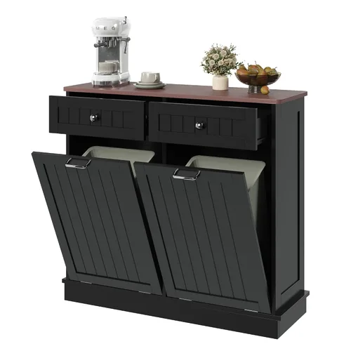 Miniatura 9 de KIGOTY Gabinete de Basura de Doble Inclinación Hacia Afuera, Gabinete de Basura a Prueba de Mascotas con Encimera y Cajón, Gabinetes de Basura