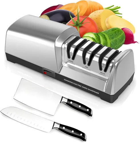 Afilador de cuchillos eléctrico, 3 etapas con abrasivos 100% de diamante y guías de ángulo de precisión, afilador de cuchillos de cocina con función
