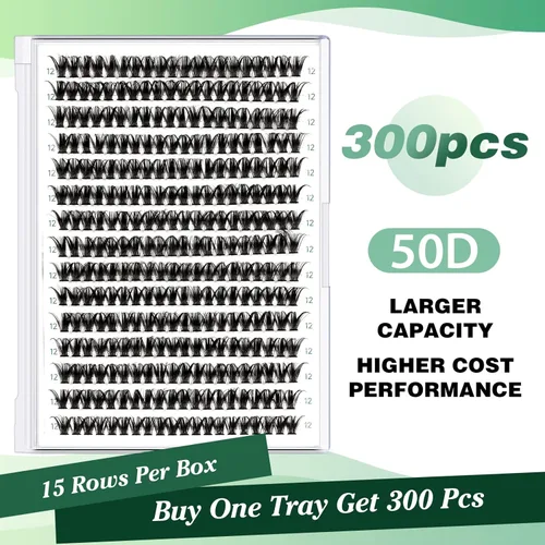 Miniatura 123 de Extensiones de racimos de pestañas 300 piezas, pestañas individuales 40D 0.07D rizado 11mm, para colocar en casa, bandeja grande de volumen