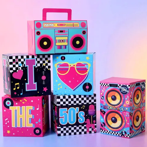 Amyhill 6 piezas de decoraciones grandes de fiesta de los años 50, juego de recuerdos de hip hop, cajas de fiesta de papel, decoración temática de