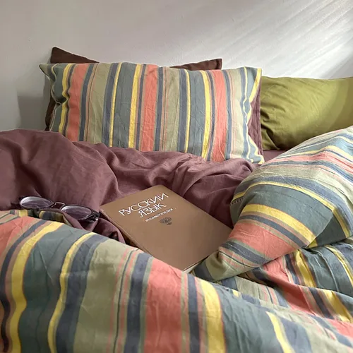 Miniatura 4 de mixinni Juego de funda de edredón vintage a rayas, tamaño twin, juego de ropa de cama de 3 piezas, 100% algodón lavado, suave y transpirable, funda