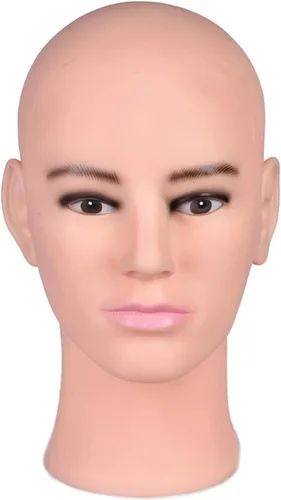 Miniatura 10 de Cabeza de maniquí calvo masculina para hacer pelucas, sombrero y gafas, cabeza de cosmetología profesional, color beige, sin maquillaje