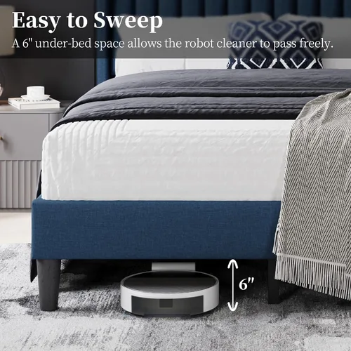Miniatura 6 de Yaheetech Armazón de Cama Tamaño Completo, Cama Plataforma Tapizada con Cabecera de Borde Alado, Tela Acolchada Cuadrada/Base de Colchón/Soporte