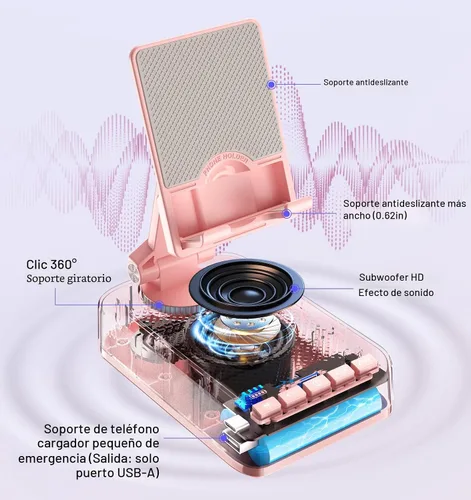 Miniatura 3 de Regalos para hombres y mujeres, soporte para teléfono con altavoz Bluetooth y función de carga, ángulo giratorio de 360°, soporte ajustable para Rosa