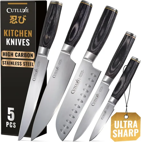 Cutluxe Juego de cuchillos de chef de 5 piezas – Cuchillos de cocina japoneses ultra afilados, cuchillas de acero inoxidable de alto carbono, asas