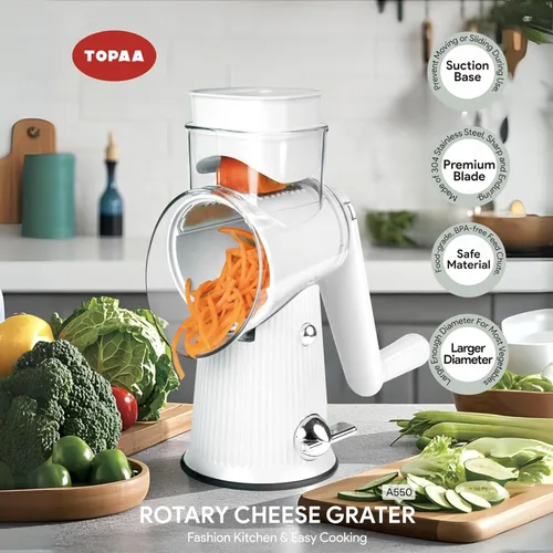 Miniatura 3 de TOPAA Rallador Rotativo de Queso con Mango Triturador de Verduras con 5 Cuchillas, Rebanador Redondo Mandolina y Picadora de Alimentos para Cocina